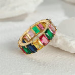 Rainbow Zircon Gemstone Ring Women's Stainless Steel Colourful Ring Size 6-10 - Gold-Multicolor-9