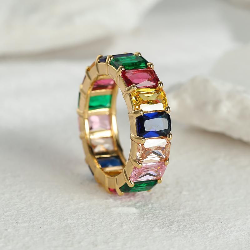Rainbow Zircon Gemstone Ring Women's Stainless Steel Colourful Ring Size 6-10 - Gold-Multicolor-9