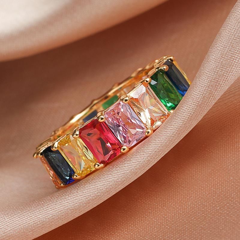 Rainbow Zircon Gemstone Ring Women's Stainless Steel Colourful Ring Size 6-10 - Silver-Multicolor-7