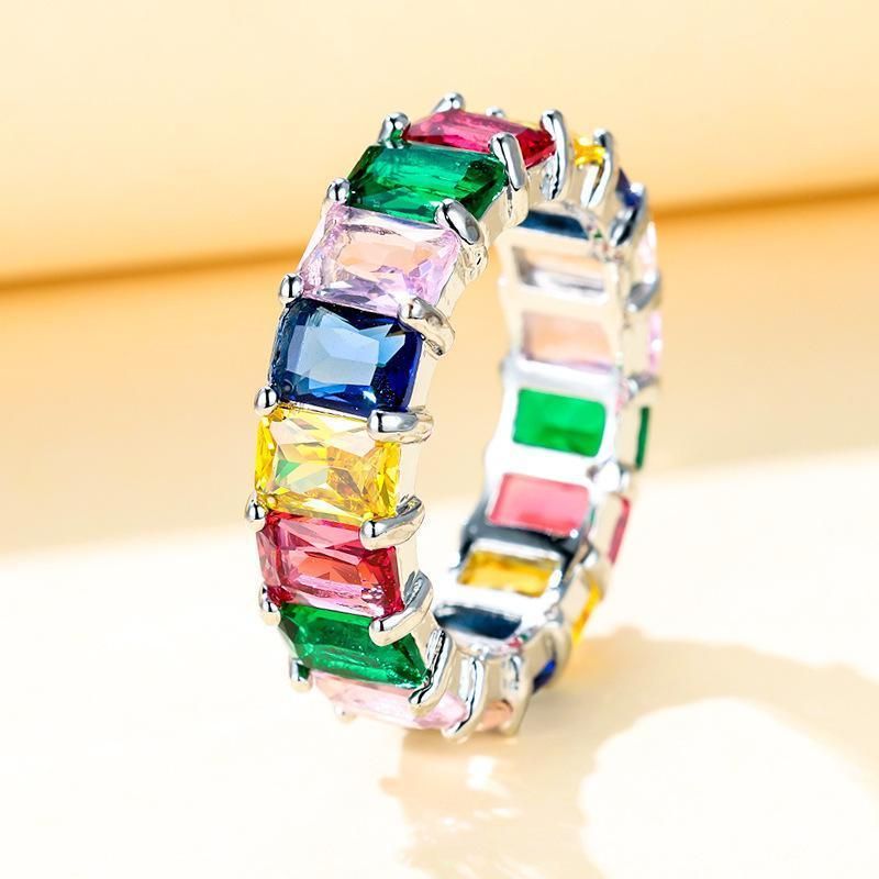 Rainbow Zircon Gemstone Ring Women's Stainless Steel Colourful Ring Size 6-10 - Silver-Multicolor-7