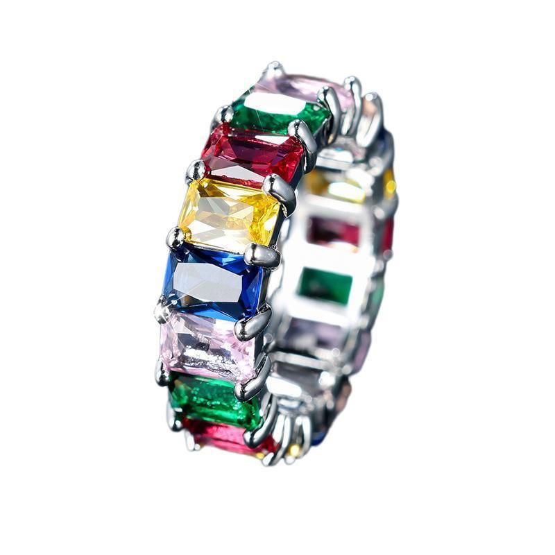 Rainbow Zircon Gemstone Ring Women's Stainless Steel Colourful Ring Size 6-10 - Silver-Multicolor-8