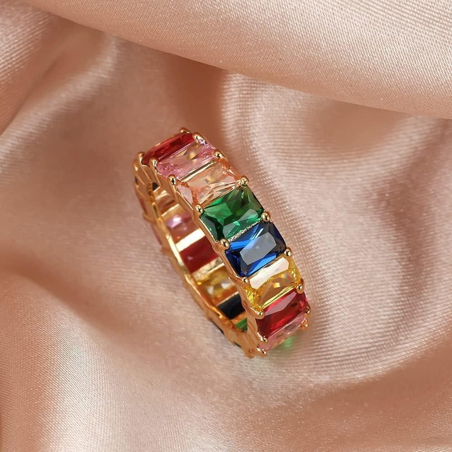 Rainbow Zircon Gemstone Ring Women's Stainless Steel Colourful Ring Size 6-10 - Silver-Multicolor-9