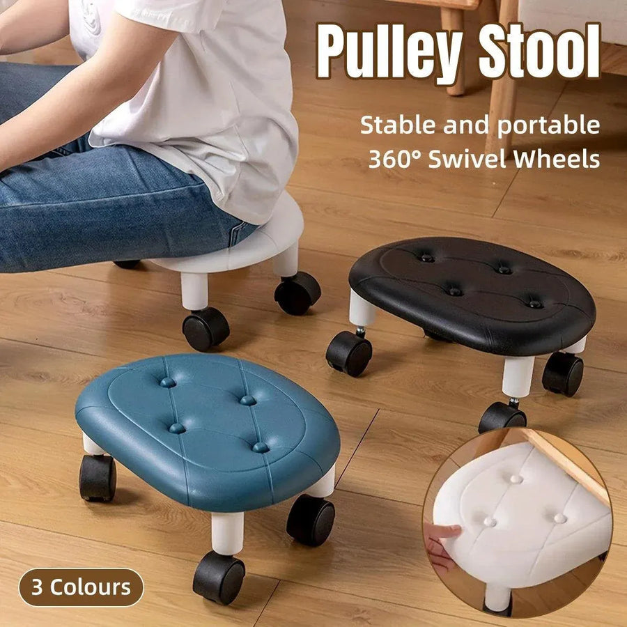 Imitation Leather Low Stool with Wheels Modern Bedroom Living Room Plastic Bench - Blue