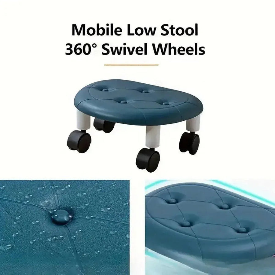 Imitation Leather Low Stool with Wheels Modern Bedroom Living Room Plastic Bench - Blue