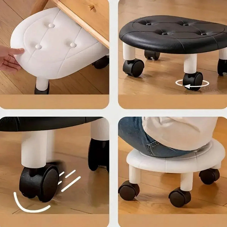 Imitation Leather Low Stool with Wheels Modern Bedroom Living Room Plastic Bench - Blue