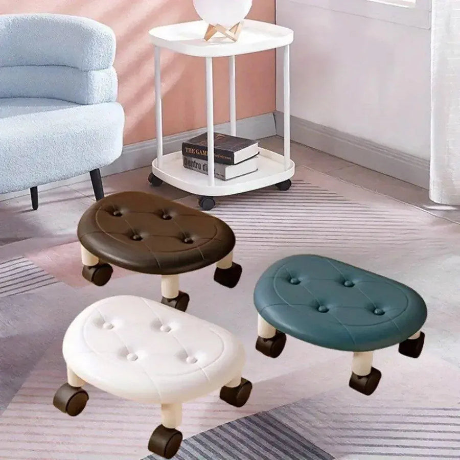 Imitation Leather Low Stool with Wheels Modern Bedroom Living Room Plastic Bench - Blue