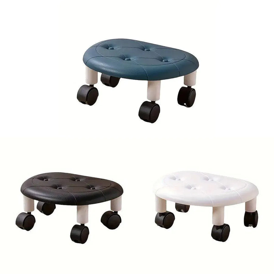 Imitation Leather Low Stool with Wheels Modern Bedroom Living Room Plastic Bench - White