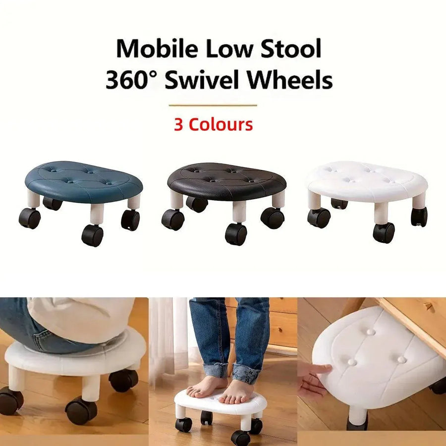 Imitation Leather Low Stool with Wheels Modern Bedroom Living Room Plastic Bench - White