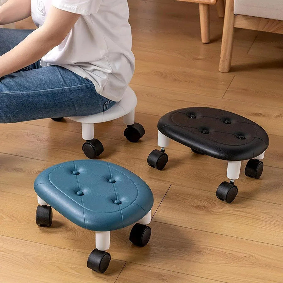 Imitation Leather Low Stool with Wheels Modern Bedroom Living Room Plastic Bench - White