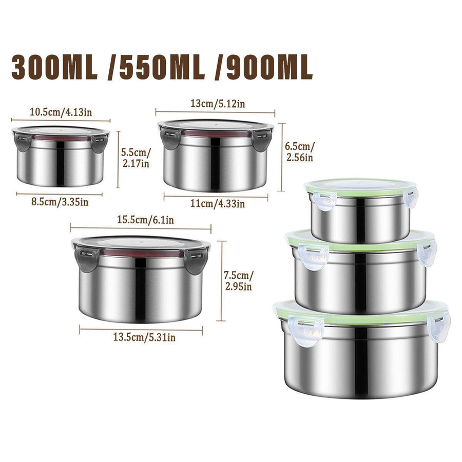 3PCS Stainless Steel Sealed Crisper Storage Box with Lid Round Food Lunch Box - Black