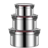 3PCS Stainless Steel Sealed Crisper Storage Box with Lid Round Food Lunch Box - Black - Close-Up Angle