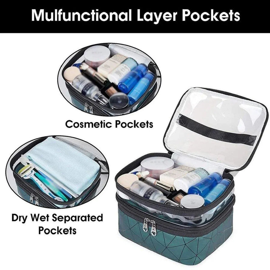 Portable Double-Layer Large Capacity Waterproof Cosmetic Bag Travel Toiletry Bag - Blue