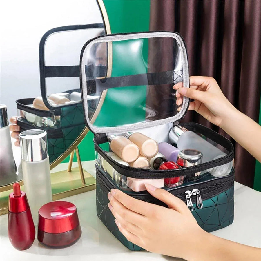 Portable Double-Layer Large Capacity Waterproof Cosmetic Bag Travel Toiletry Bag - Silver