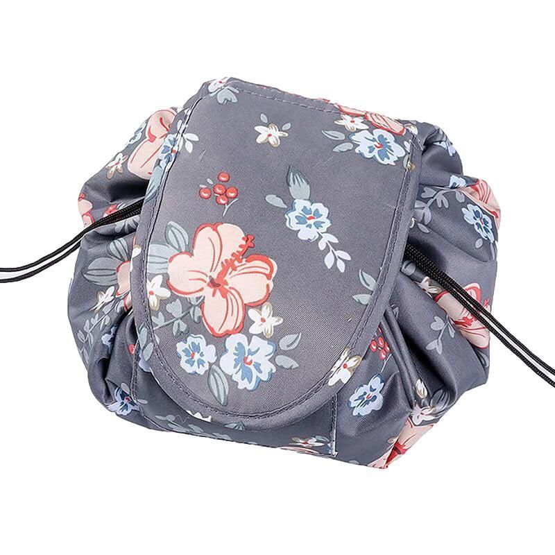 Portable Travel Makeup Bag Drawstring Cosmetic Pouch Lazy Storage Organiser Case - Grey Flower