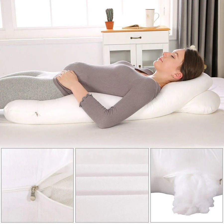 U-shaped All-Cotton Maternity Pillow Multifunctional Lumbar Side Sleep Cushion - White