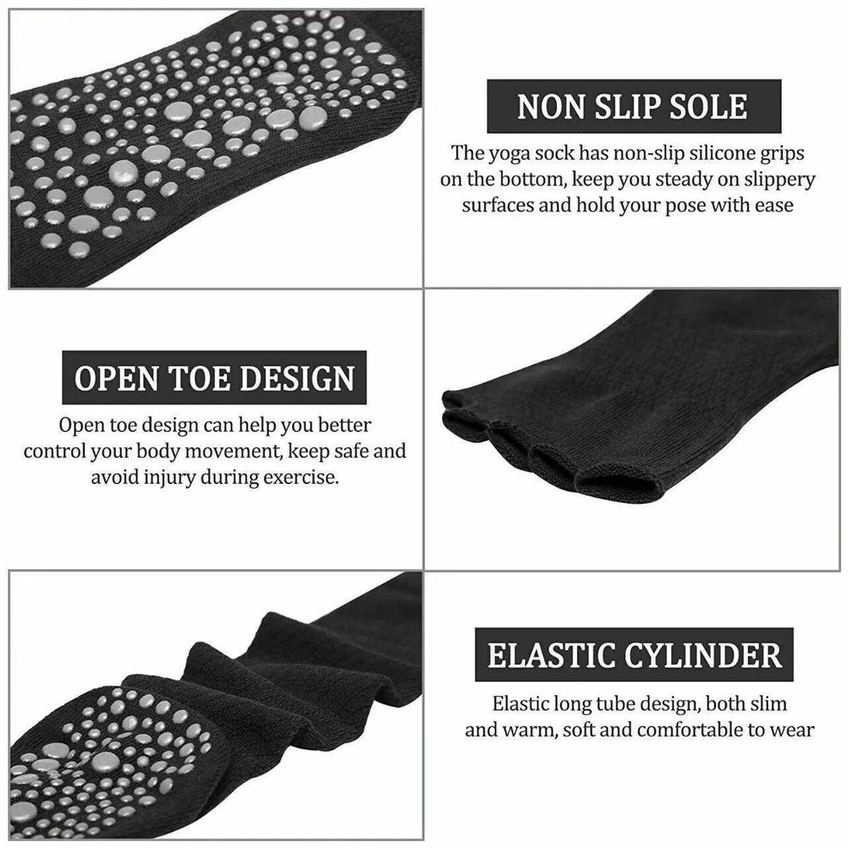 Women Long Massage Pilates Socks Yoga Socks Non Slip Socks Medium Open - Medium Open Toe Black