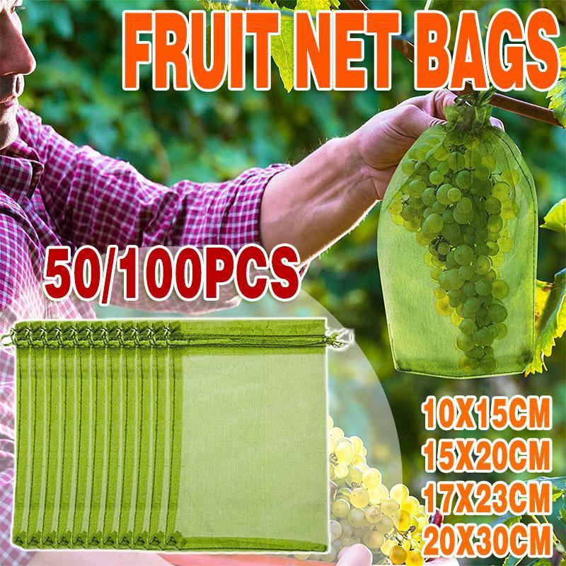 50/100PCS Garden Fruit Protection Net Bags Insect Proof Drawstring Mesh Organza - 50Pcs 20x30cm