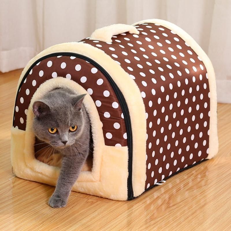 L Size Pet House Kennel Soft Igloo Beds Cave Cat Puppy Bed Warm Cushion Fold - Brick