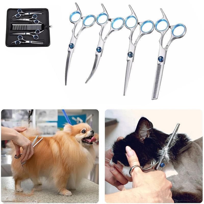 7PCS Pet Grooming Scissors Set Straight Curved Dog Cat Cutting Thinning Shears