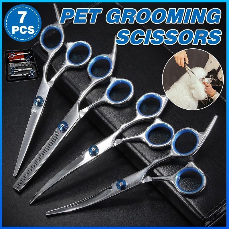 7PCS Pet Grooming Scissors Set Straight Curved Dog Cat Cutting Thinning Shears