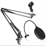 Microphone Suspension Boom Arm Desktop Stand Mic Holder Mount and Pop Filter - Mic Stand with Pop Filter