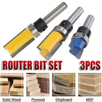 3PCS 1/4inch Shank Flute Flush Trim Router Bit Set Top Bearing Milling Cutter Kit