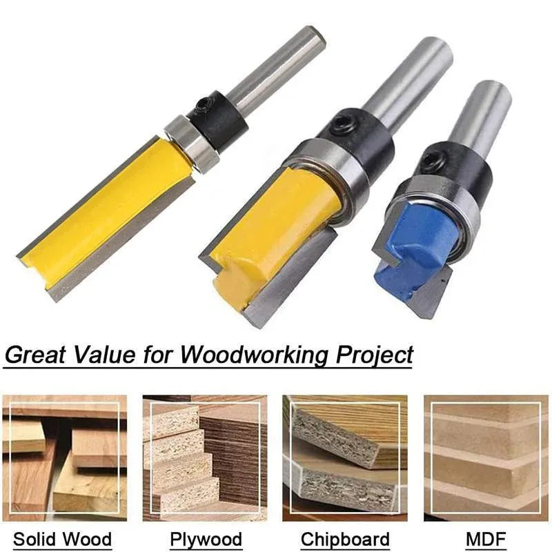 3PCS 1/4inch Shank Flute Flush Trim Router Bit Set Top Bearing Milling Cutter Kit