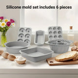 6PCS Silicone Cake Mould Set Baking Pans Nonstick Cupcake Cookie Tools Reusable - Pink - Top-Down View