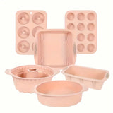 6PCS Silicone Cake Mould Set Baking Pans Nonstick Cupcake Cookie Tools Reusable - Pink - Low Angle