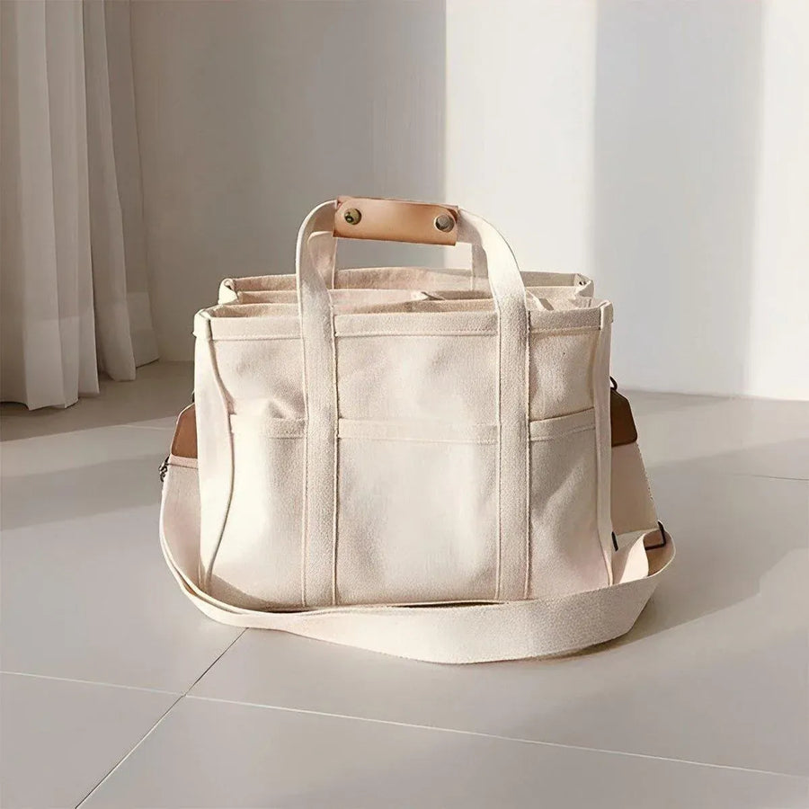 Stylish Multifunctional Mummy Bag Canvas Shoulder Crossbody Handheld Tote Bag - Beige