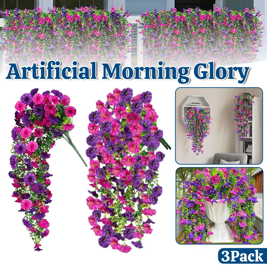 3PCS Artificial Morning Glory Vine Hanging Wall Decoration Flower Decor Garden