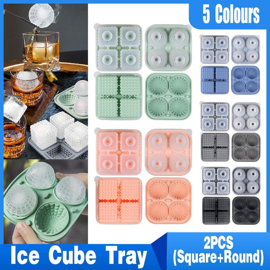 2PCS Silicone Ice Cube Tray Round and Square Ice Ball Maker for Whiskey Cocktails - Pink