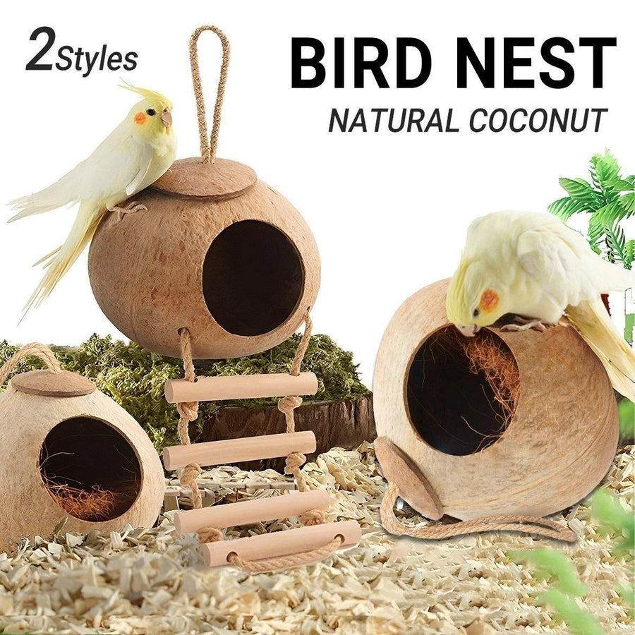 Natural Coconut Bird Nest Cage Pet Parrot Parakeet Safe Hut Feeder Shell Home - Rope type