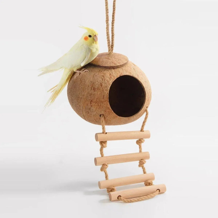 Natural Coconut Bird Nest Cage Pet Parrot Parakeet Safe Hut Feeder Shell Home - Rope type