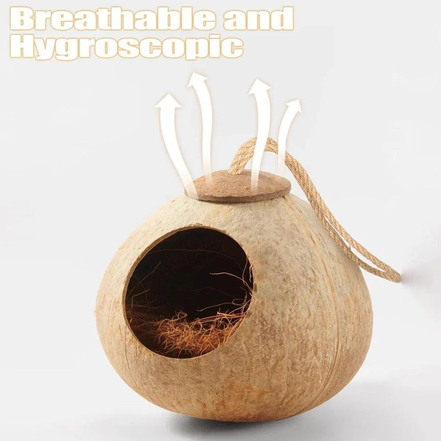 Natural Coconut Bird Nest Cage Pet Parrot Parakeet Safe Hut Feeder Shell Home - Rope type