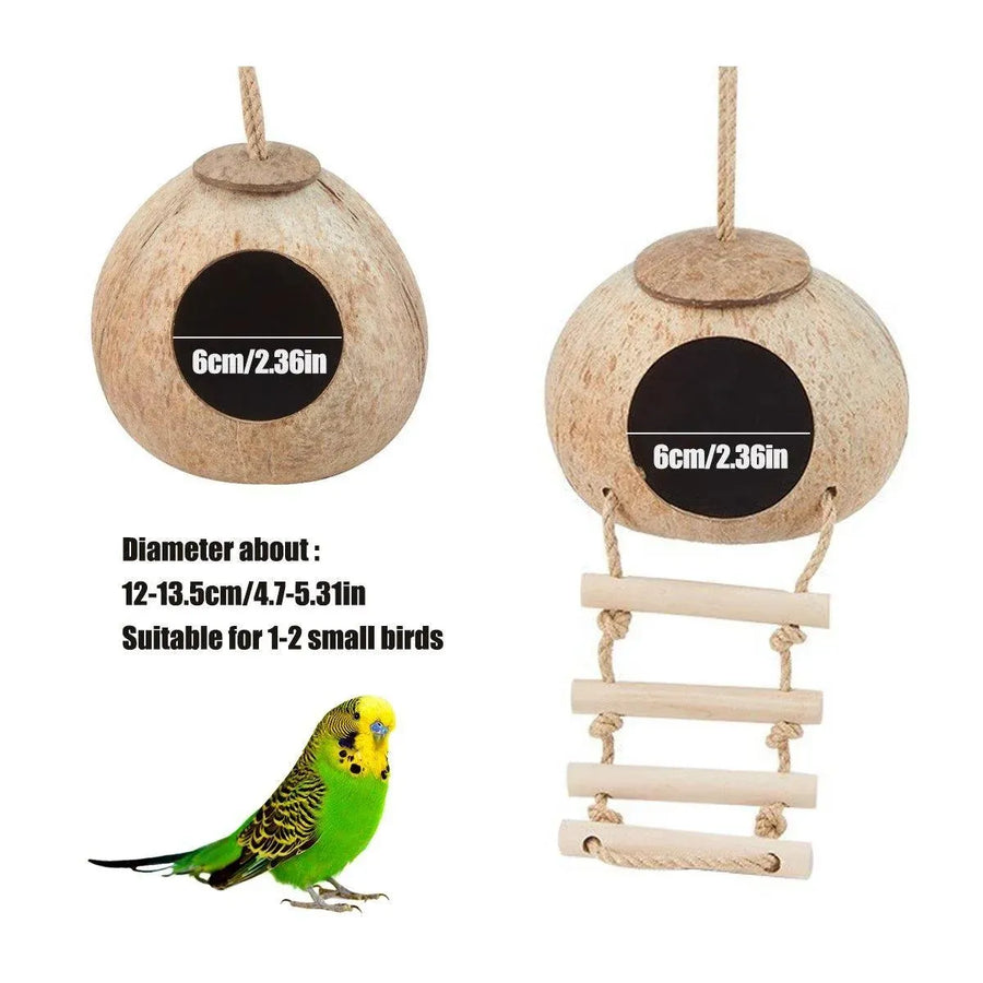 Natural Coconut Bird Nest Cage Pet Parrot Parakeet Safe Hut Feeder Shell Home - Rope type