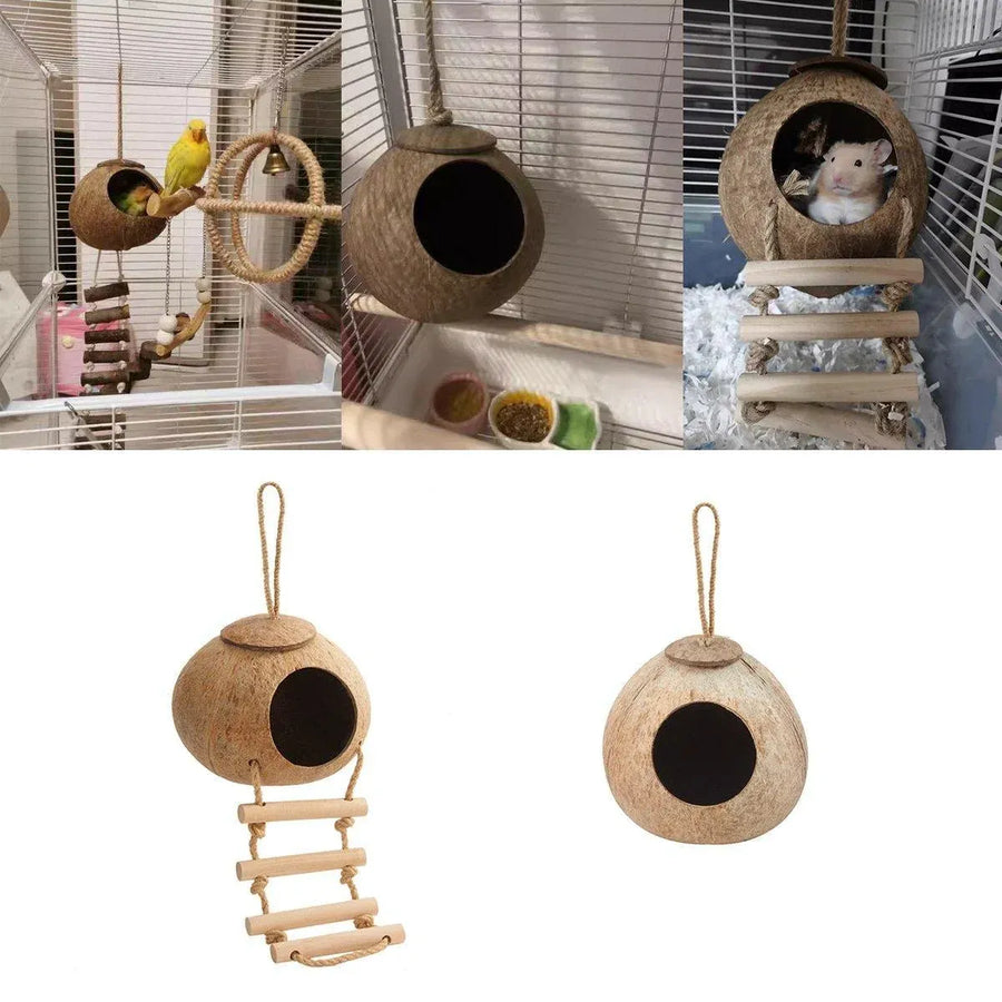 Natural Coconut Bird Nest Cage Pet Parrot Parakeet Safe Hut Feeder Shell Home - Rope type