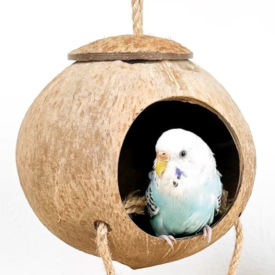 Natural Coconut Bird Nest Cage Pet Parrot Parakeet Safe Hut Feeder Shell Home - Rope type