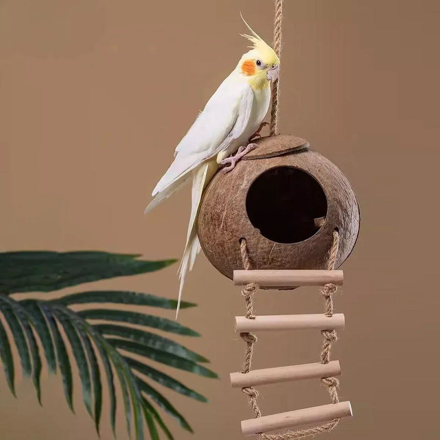Natural Coconut Bird Nest Cage Pet Parrot Parakeet Safe Hut Feeder Shell Home - Rope type
