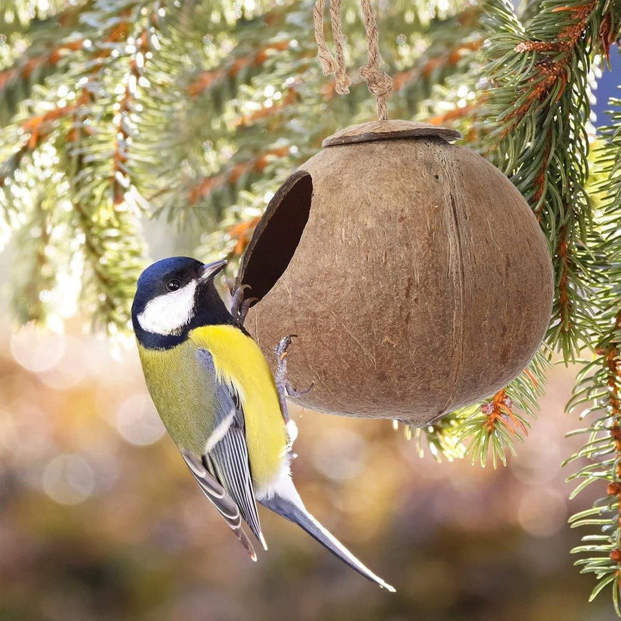 Natural Coconut Bird Nest Cage Pet Parrot Parakeet Safe Hut Feeder Shell Home - Rope type