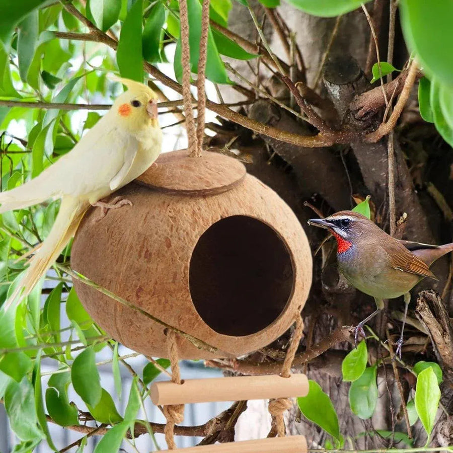 Natural Coconut Bird Nest Cage Pet Parrot Parakeet Safe Hut Feeder Shell Home - Rope type