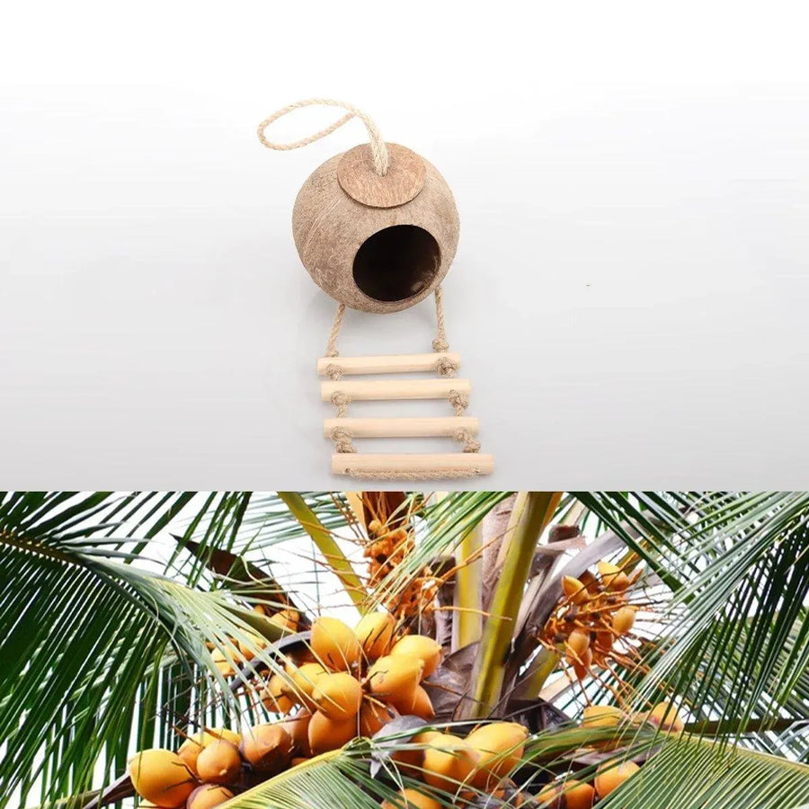 Natural Coconut Bird Nest Cage Pet Parrot Parakeet Safe Hut Feeder Shell Home - Rope type