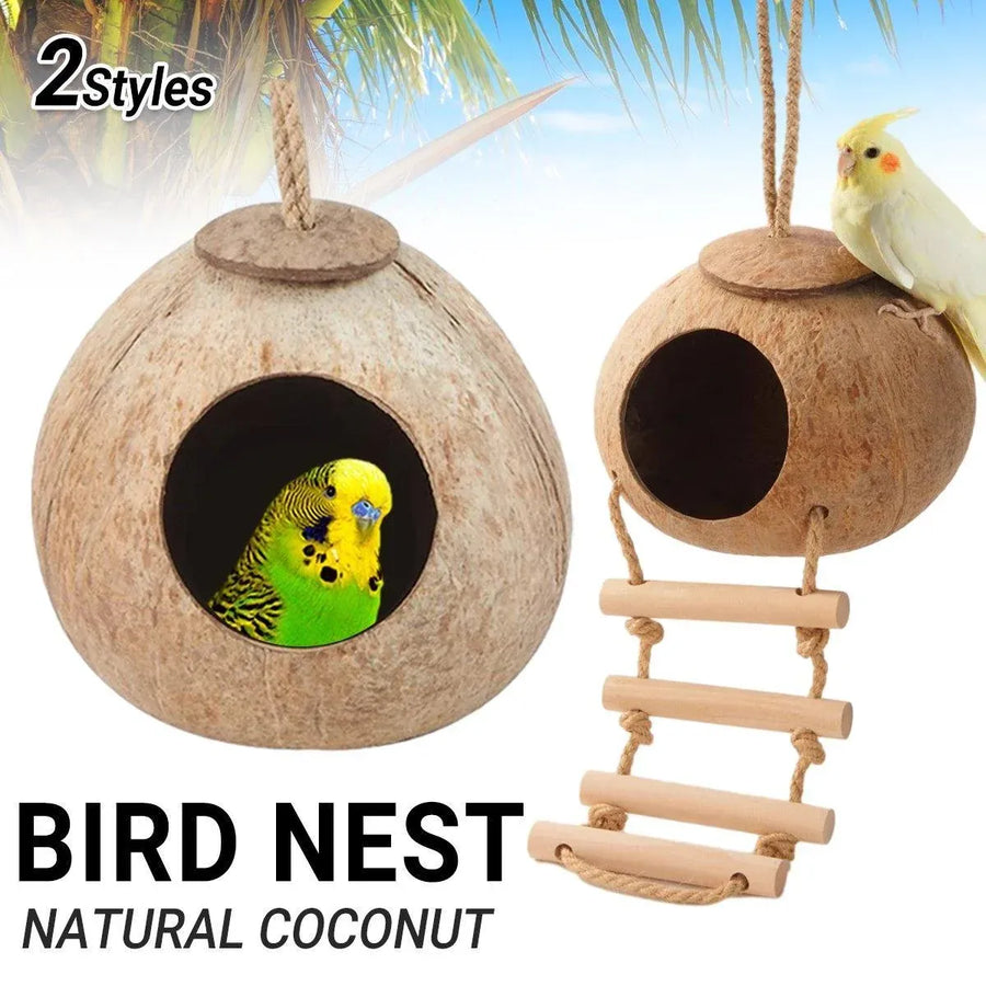 Natural Coconut Bird Nest Cage Pet Parrot Parakeet Safe Hut Feeder Shell Home - Rope type