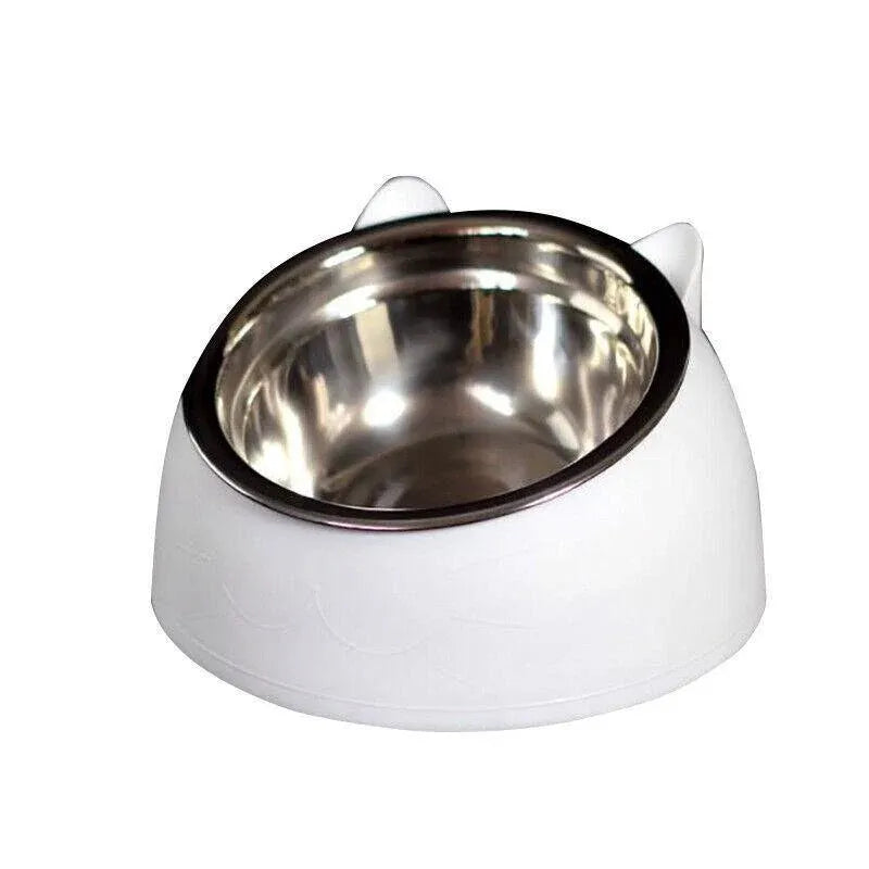 Pet Dog Cat Food Bowl Raised No Slip Stainless Steel Tilted Water Food Feeder - White