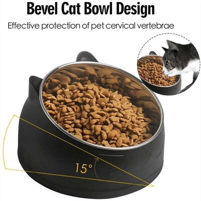 Pet Dog Cat Food Bowl Raised No Slip Stainless Steel Tilted Water Food Feeder - White