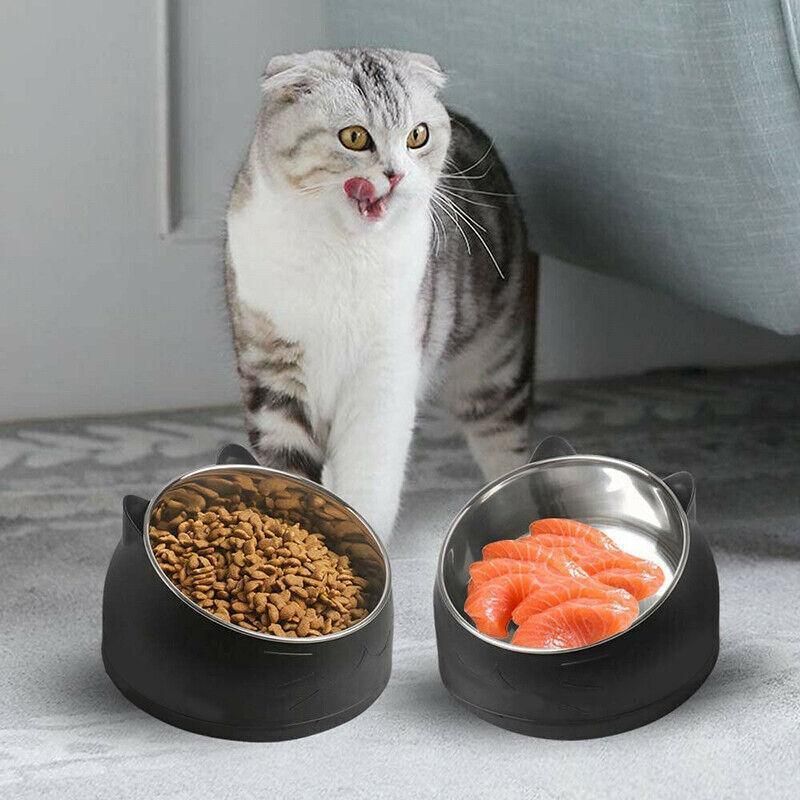Pet Dog Cat Food Bowl Raised No Slip Stainless Steel Tilted Water Food Feeder - White