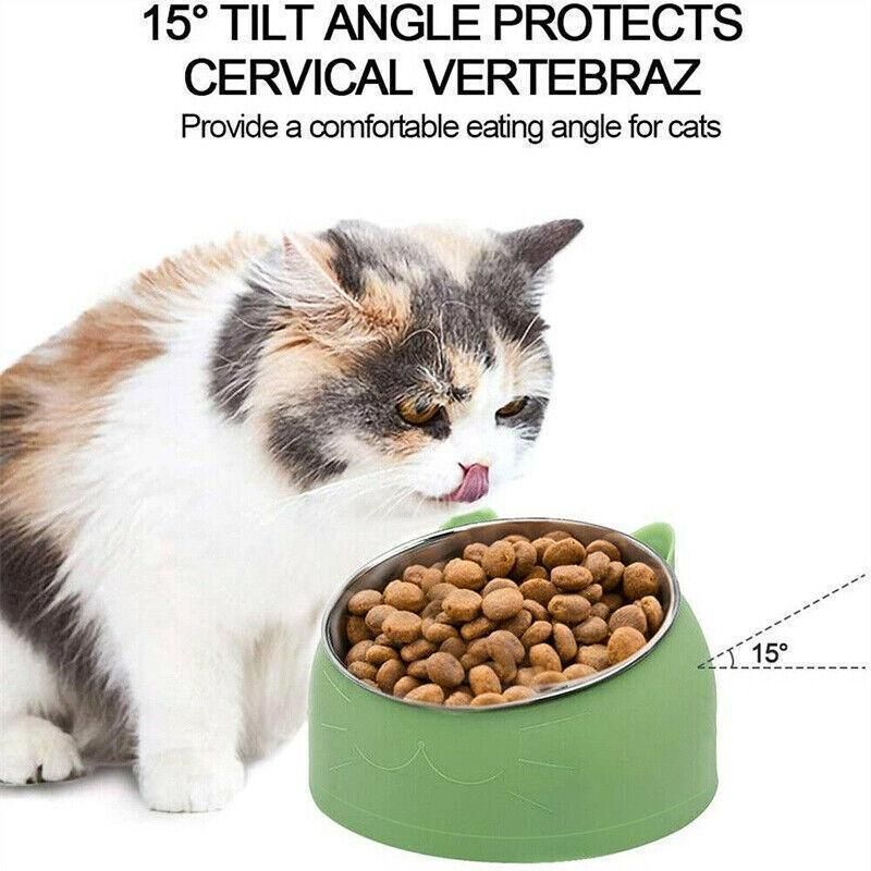 Pet Dog Cat Food Bowl Raised No Slip Stainless Steel Tilted Water Food Feeder - White