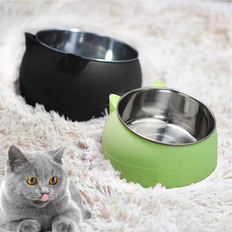 Pet Dog Cat Food Bowl Raised No Slip Stainless Steel Tilted Water Food Feeder - White