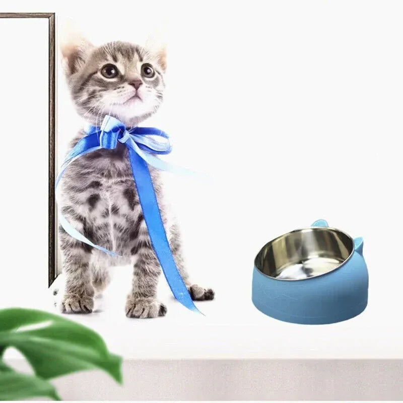 Pet Dog Cat Food Bowl Raised No Slip Stainless Steel Tilted Water Food Feeder - White