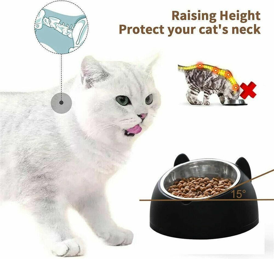 Pet Dog Cat Food Bowl Raised No Slip Stainless Steel Tilted Water Food Feeder - White